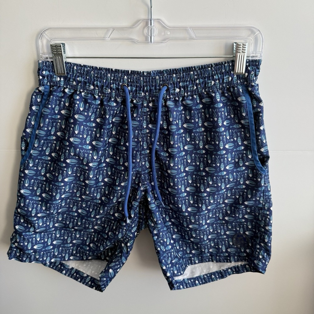 Mr. Swim Blue‎ All Over Fish Print Lined Beach Swim Shorts Trunks Men's Small